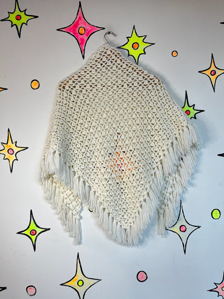 Vintage 70s White Crochet Poncho | Boho Western Festival Cape Shawl | Fringe