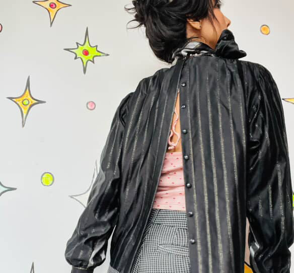 Vintage Glam Metallic Silver & Black Secretary Bow Blouse Valentino NIGHT M/L