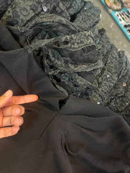 Vintage Tulle Mermaid Ruffle Hem Maxi Dress Black Lace Old Hollywood Glam 1930s