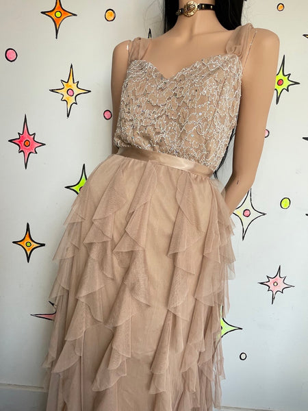 Y2K Lace Rhinestone Formal Dress Chiffon Tiered Ruffle Maxi Fairy Grunge Prom M