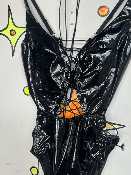 Glossy Black Vinyl Lace Up Teddy Vamp Goth Harness Bodysuit Wet Look S/M