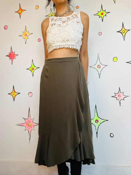 Vintage Y2K Fairy Grunge Green Ruffled Midi/Maxi Skirt | Flowing Boho Festival | S