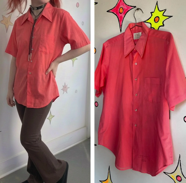 Vintage 1960s 70s | Men’s Pink Big Collar Retro Groovy Cotton Shirt | Medium