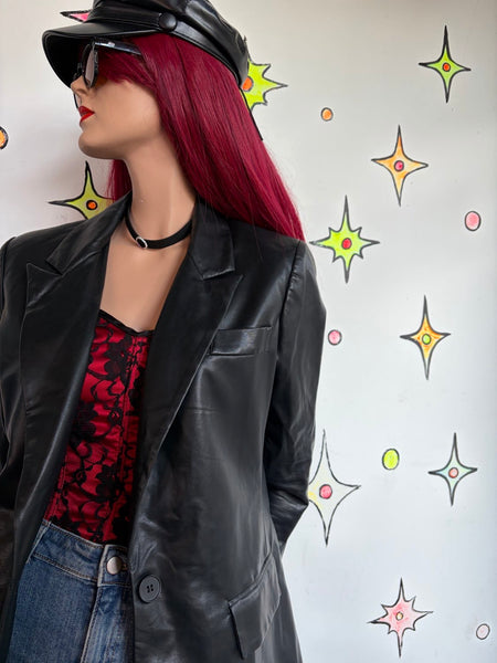 Vintage 90s Y2K Black Vegan Leather Blazer Jacket Mall Goth Grunge Minimalist S