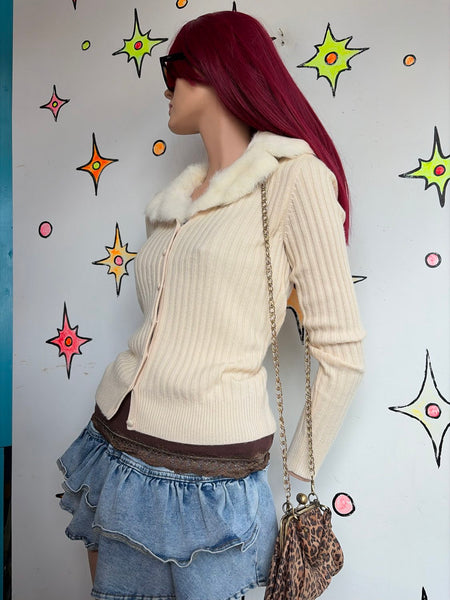 Vintage 90s Ann Taylor Off-White Cashmere Fur Trim Cardigan Coquette Glam S