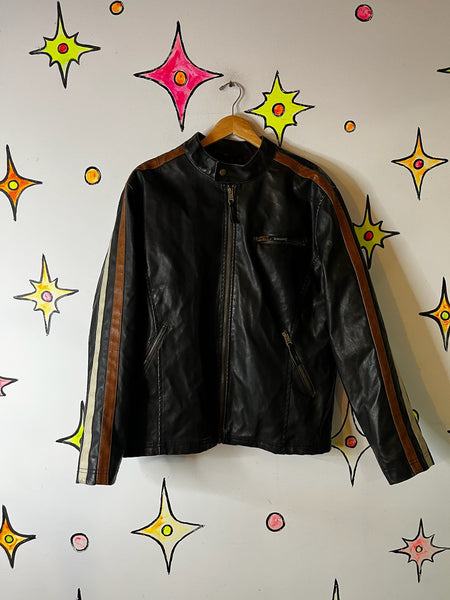 Vintage Y2K Striped Moto Racing Jacket – Vegan Leather – Double Stripe – Large