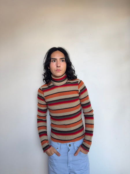 Vintage 90s Striped Fuzzy Turtleneck Sweater Cozy Grunge Y2K Knit S