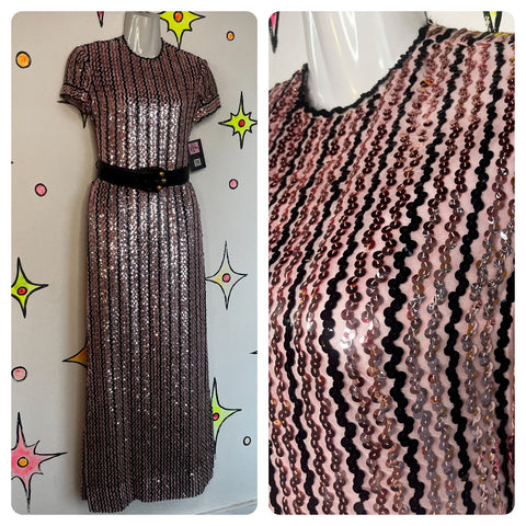 Vintage 1960s 70s | Pink and Black Beaded Sequin Metallic Formal Dress | Small