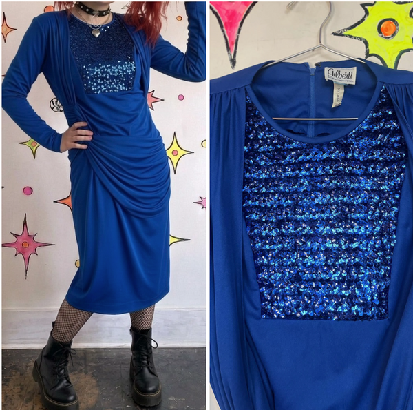 Vintage 80s Blue Glitter Sequin Party Dress ' Old Money Glam ' Shoulder Pads XL