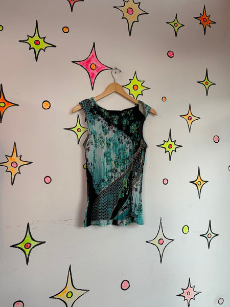 Pastel Turquoise Pleated Ruffled Floral Blouse Whimsy Fairy Soft Grunge Top L