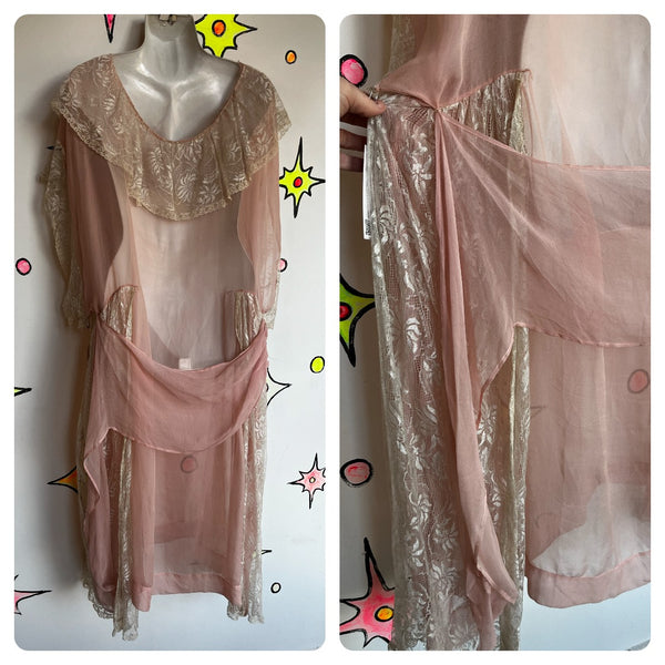 Antique 1900s 20s 30s Pink Fairy Grunge Silk Lace Victorian Babydoll Slip Gown