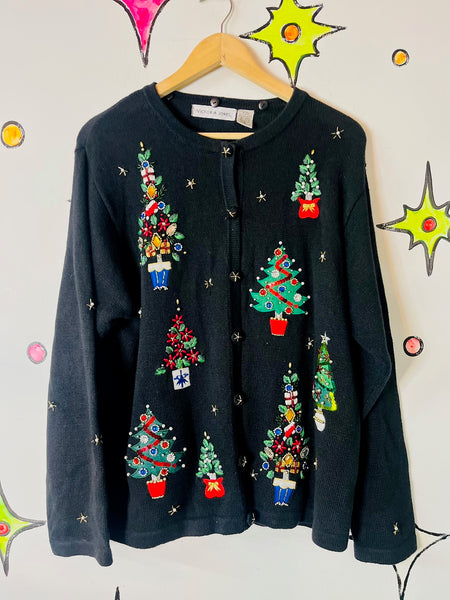 Vintage Embellished 80s 90s Black Ugly Tacky Christmas Sweater Cardigan – XL