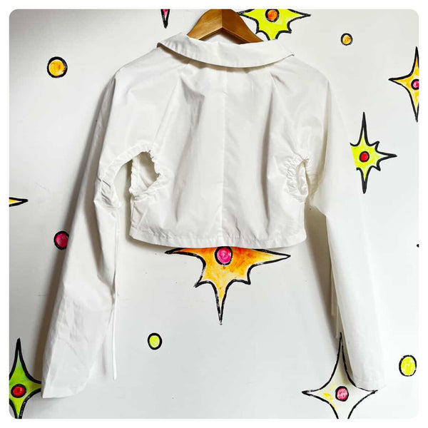 Y2K White Deconstructed Post Apocyliptic Utility Crop Button Down Shirt - S/M