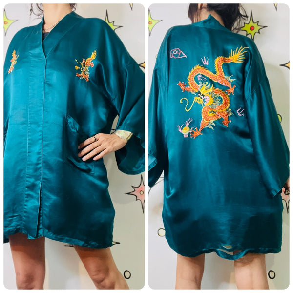 Vintage Teal Silk Embroidered Kimono Robe | Dragon Motif Grunge Lounge Wear | M