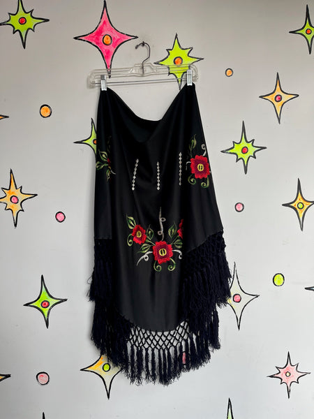 Witchy Black Western Boho Piano Shawl Scarf ' Fringe Red Floral Embroidery