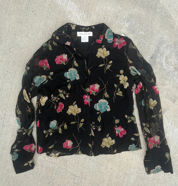 Vintage 90s Express Black Silk Floral Button Up Whimsigoth Dark Romantic M