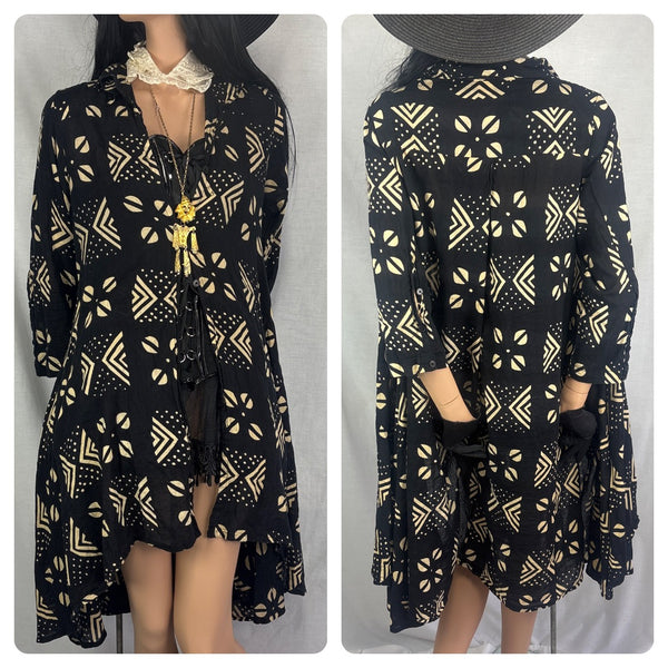 Vintage 90s Black Witchy Boho Fairy Grunge Kimono Shirt Dress S