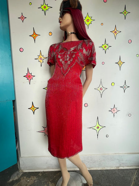 Vintage 80s Heavy Beaded Crimson Silk Party Dress Luxe Glam Old Money L