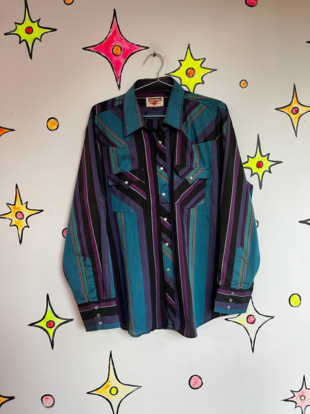 Vintage Striped Western Pearl Snap Shirt - Men's Cowboy Rodeo Style - XL