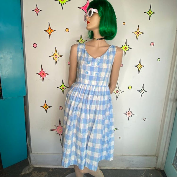 Vintage 50s Pastel Blue Fit & Flare Dress Cotton Twirl Dress Mid Century Pinup SM