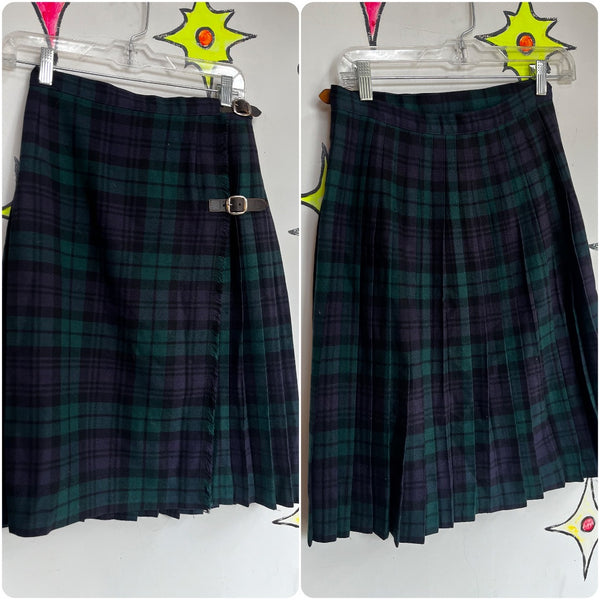 Vintage | Tartan School Girl Blue Green Plaid Pleated Wool Wrap Skirt | Small