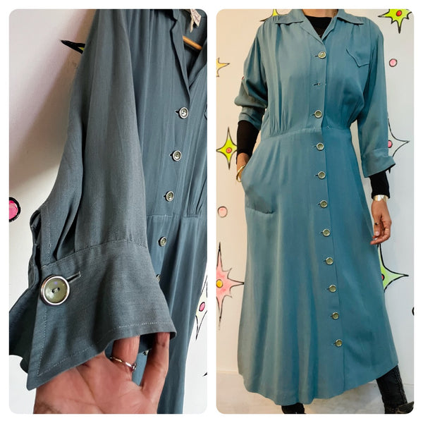 1940s Blue Secretary Dress True Vintage Boho Grunge - Historical Fashion - M L