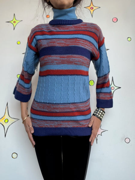 Vintage 70s Blue Turtleneck Striped Pullover Sweater Chunky Grunge Boho Retro S