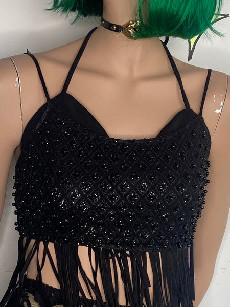 Black Beaded Cropped Bralette Bustier Top Sparkly Layering Piece Goth Glam S