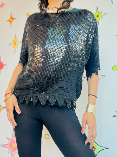 Vintage 80s 90s Black Whimsy Goth Glam Party Silk Sequin Blouse – Beaded – M