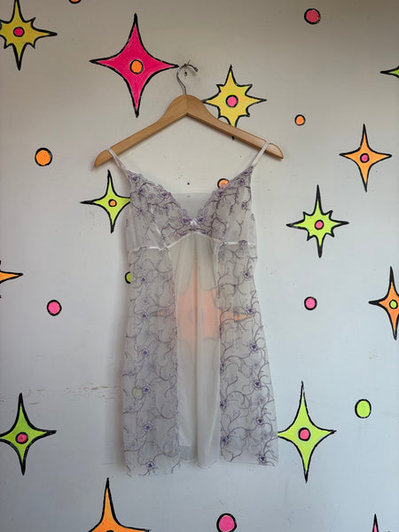 90s Y2K Fairy Grunge White Sheer Slip w/ Purple Embroidery | S/M