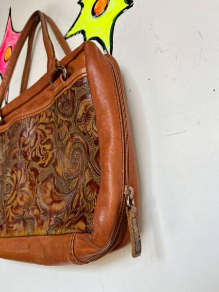 Vintage Boho Western Tooled Leather Satchel | 70s Style Floral Purse Handbag
