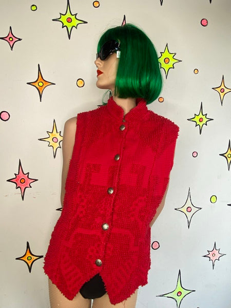 Red Western Carpet Vest Painted Pony Tapestry Cowgirl Boho Large