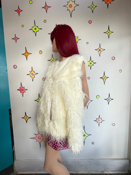 Oversized Shaggy White Faux Fur Boho Vest Statement Shag Festival Piece L/XL