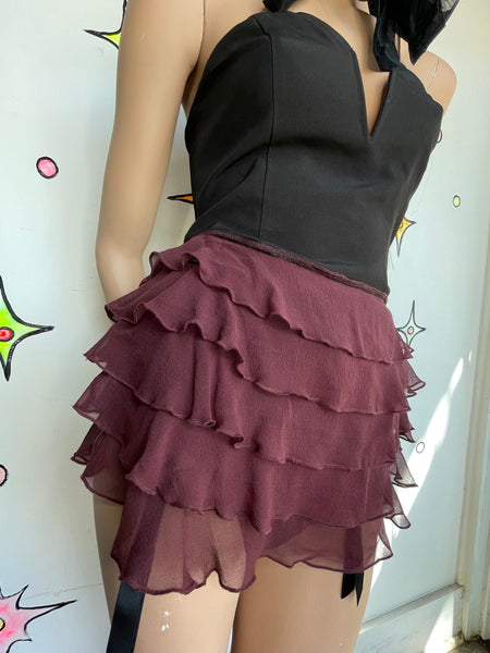 Y2K Burgundy Ruffle Micro Skirt Fairy Grunge Hip Belt Layering Mini Babydoll