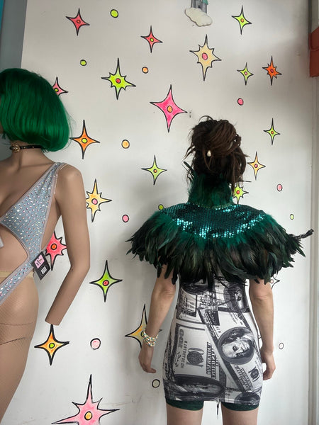 Y2K Metallic Emerald Feather Cape Glam Costume Statement Piece