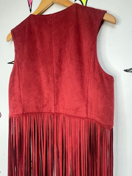 Red Vegan Suede Fringe Vest Western Glam Boho Grunge Festival Vest Cowgirl M