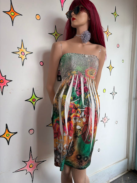 Y2K Strapless Tattoo Print Fairy Dress Cyber Grunge Ed Hardy Inspired | S