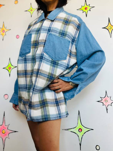90s GITANO Denim and Plaid Flannel Long Sleeve Zip-Up Shirt | Grunge Boho | L