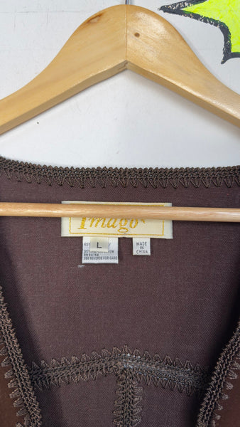 Vintage Brown Western Embroidered Vest | Crochet Panel Vegan Suede Boho Grunge L