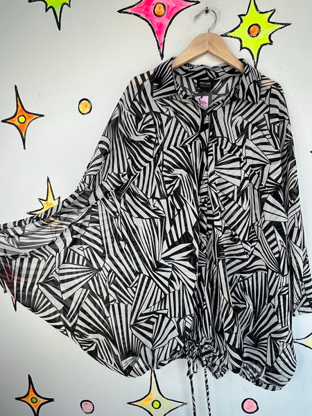 Nicole Miller Sheer Op Art Blouse Avant Garde Black White Statement Top Y2K L