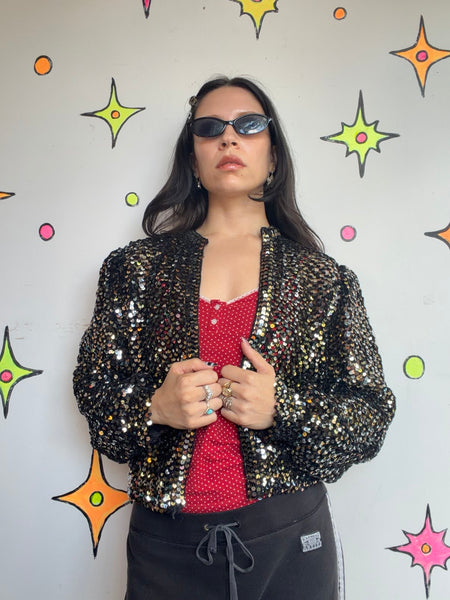 Vintage 70s Gold Silver Disco Bomber Jacket Metallic Retro Party Jacket | S M