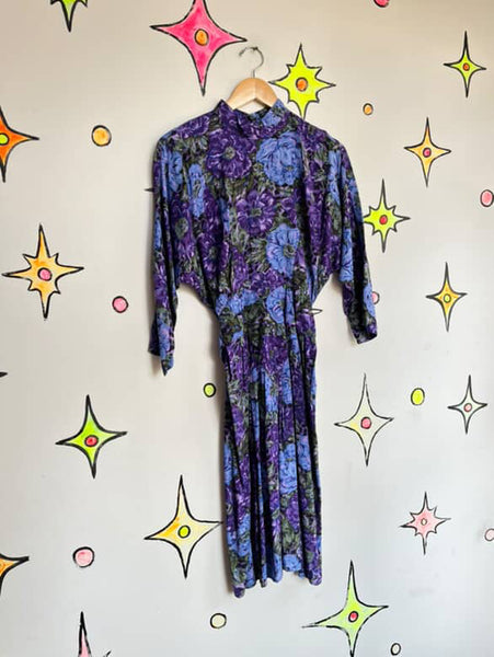 Vintage 1980s Purple Floral Batwing Secretary Dress - Boho Grunge Midi - Small