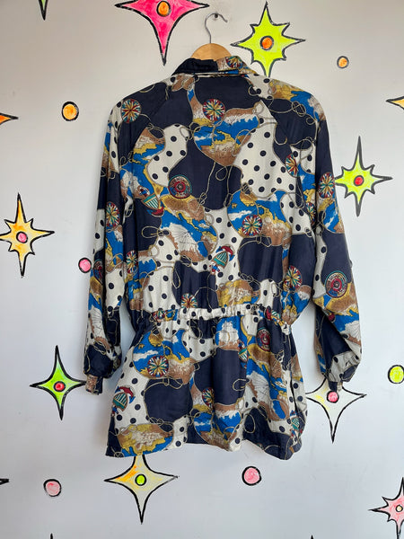 Vintage 90s Boho Grunge Wearable Art Silk Windbreaker Bomber Jacket | Size M