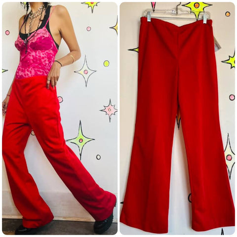 Vintage 70s Cherry Red Disco Bellbottom Pants – Groovy Polyester Wide Leg – M