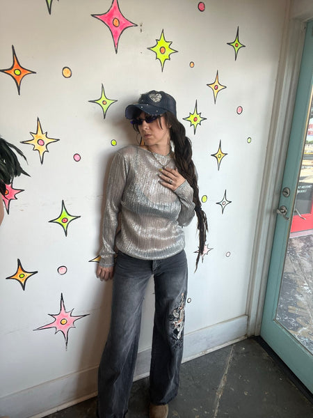 Y2K Cyber Glam Silver Sheer Metallic Mock Neck Top Galactic Disco Layering Top S