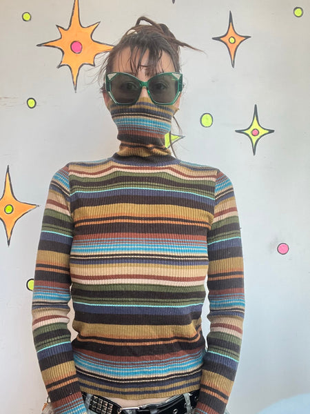 Retro Striped Turtleneck 60s 70s Mod Rainbow Groovy Clowncore Grunge Top M