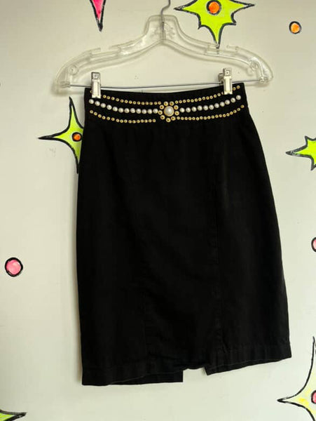 Vintage 80s High-Waisted Black Pencil Skirt Pearl Embellished - Whimsy Goth XS