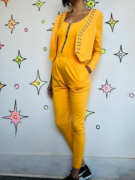 Vintage 80s Bright Yellow Studded Zip-Up Jumpsuit | One Piece Party Outfit | M