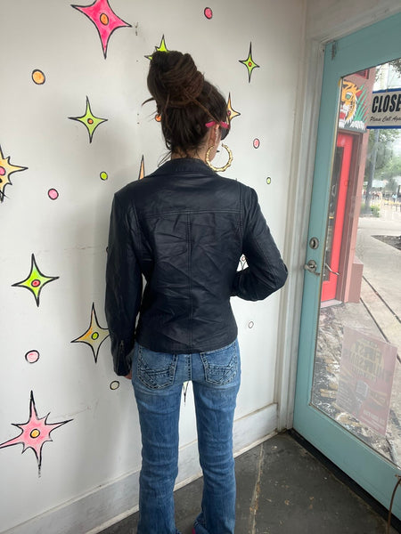 Vintage Y2K Navy Vegan Leather Moto Jacket Glam Grunge Rocker - M