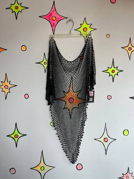 Vintage Black Beaded Fringe Shawl ' Whimsy Goth Fairy Grunge Festival Wrap